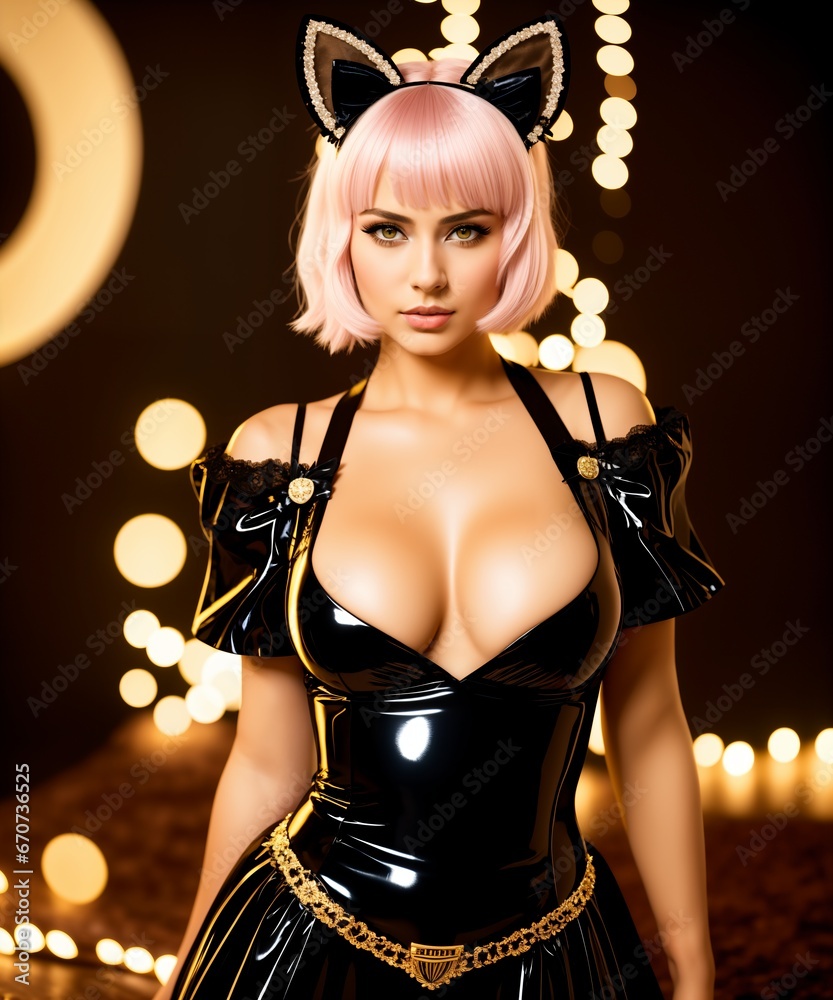 Beautiful young woman with pink hair dressed as a cat.