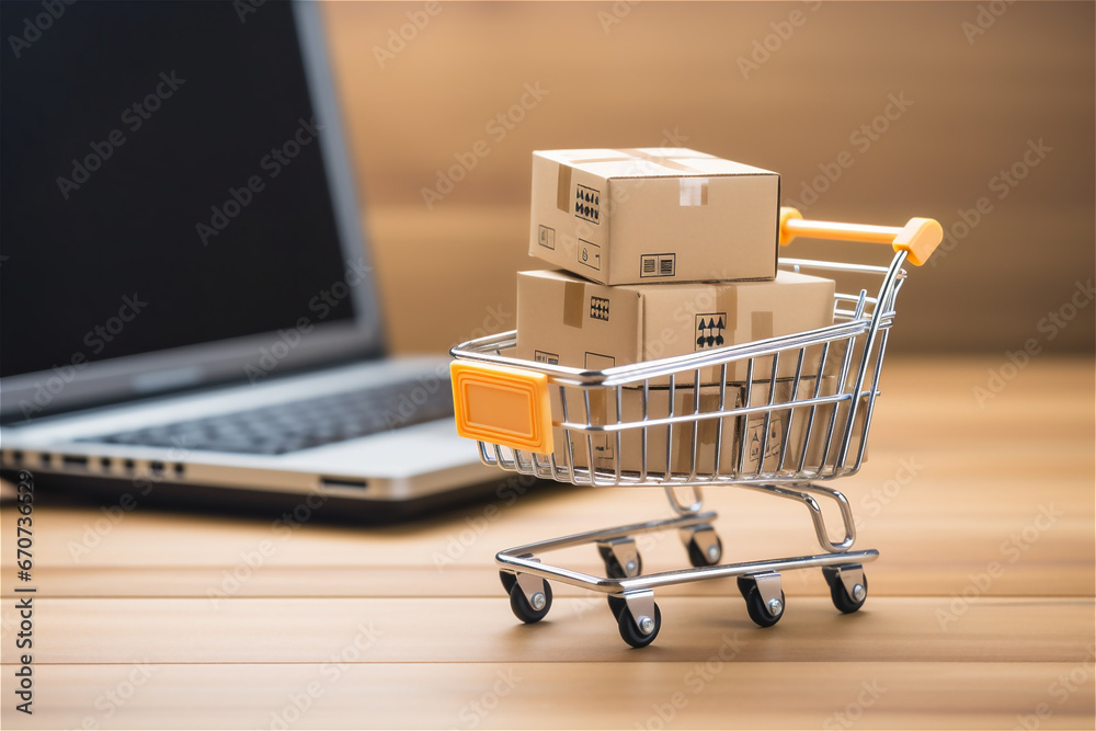 Product package boxes in shopping cart and laptop computer for online shopping and delivery concept