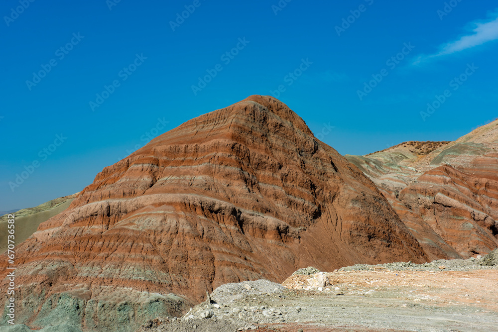 Nallihan District in Ankara, Turkey. The Girl Hill Natural Monument (Rainbow Hills) the geological structure with its colorful rainbow tones. Nallihan Bird Sanctuary.