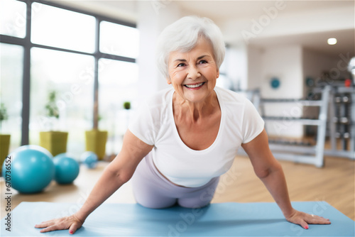 portrait of smiling senior woman wearing a tshirt doing pilates