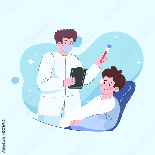 Blood test science health on blood donor help. Doctors study and examination health people medicine aid. Vector illustration