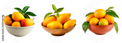 Mango fruit with different bowls over white transparent background