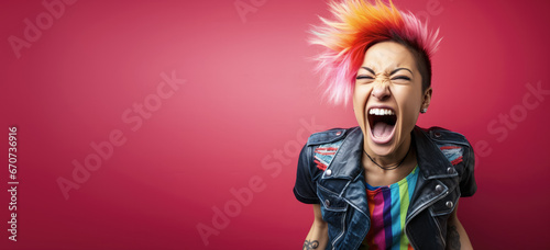 Young woman with colourful dyed hair, punk style, screaming or shouting, surprised look. Wide banner copy space on side. Generative AI photo