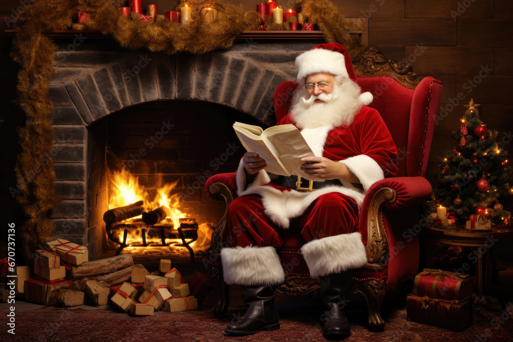 Santa Claus reading children's letters while resting in an armchair in his house Santa Claus reading children's letters while resting in an armchair in his house