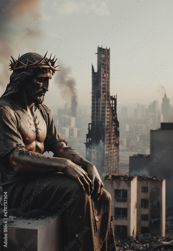 statua di un cristo seduto, triste e sconsolato con sullo sfondo una città distrutta e devastata - obrazy, fototapety, plakaty 