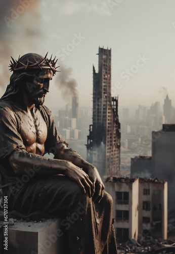 statua di un cristo seduto, triste e sconsolato con sullo sfondo una città distrutta e devastata photo