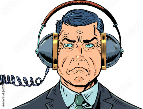 Problems of security and privacy of the modern world. State surveillance of the actions of its citizens. A strict man in a suit eavesdrops on other people conversations through headphones.