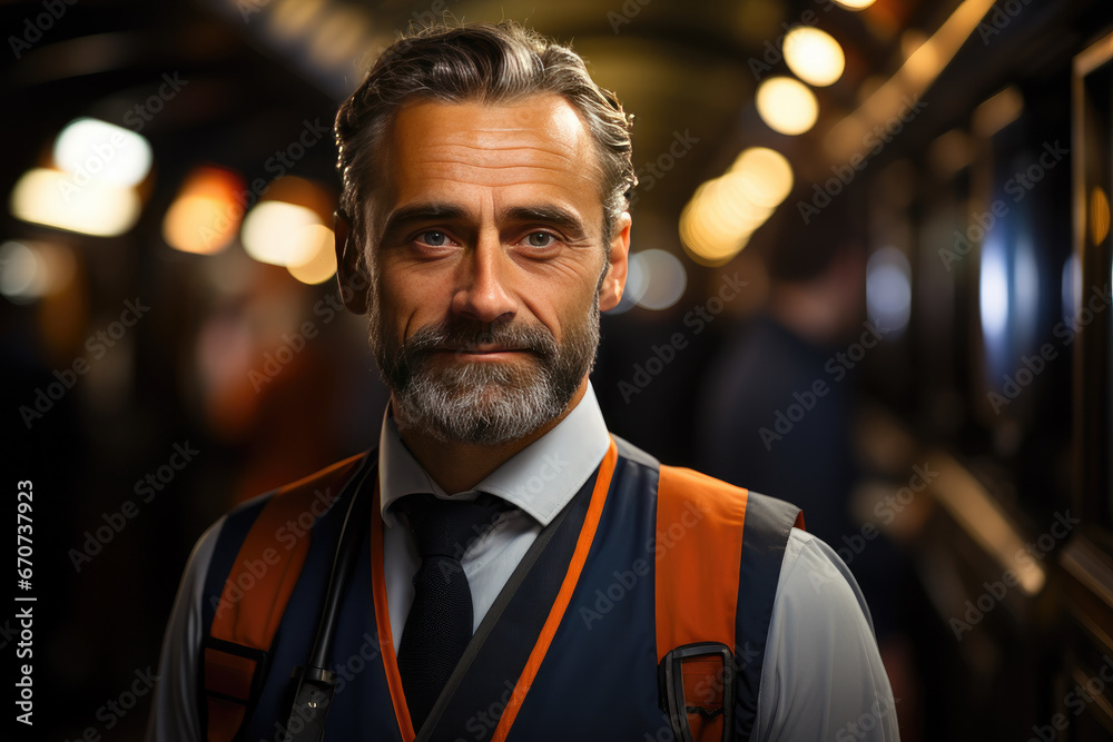 Portrait of a train ticket collector - obrazy, fototapety, plakaty 