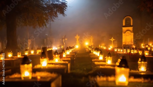 Cemetery at night with lit candles, light fog