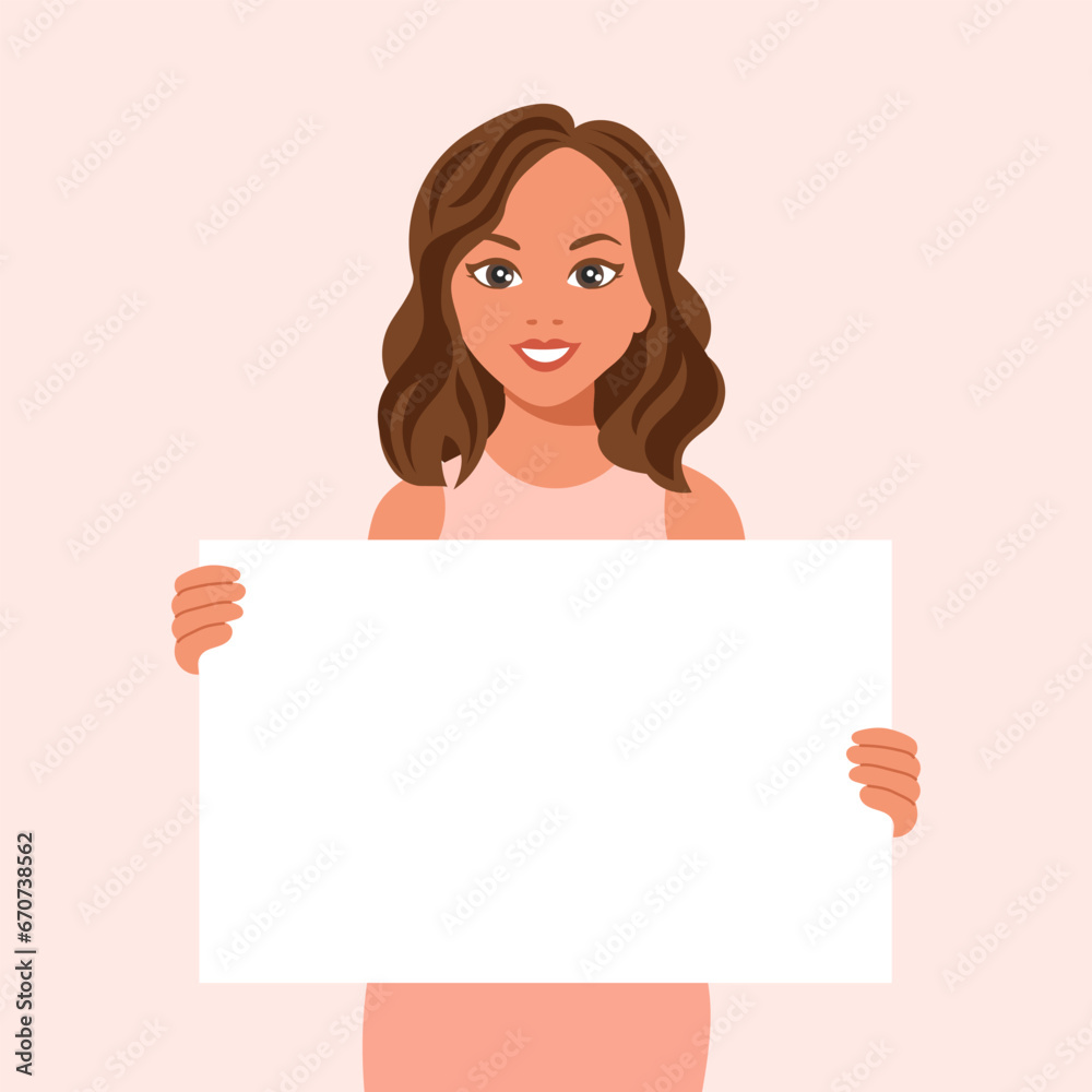 Woman with a joyful expression holding a blank banner in her hands. Flat style illustration, vector Woman with a joyful expression holding a blank banner in her hands. Flat style illustration, vector