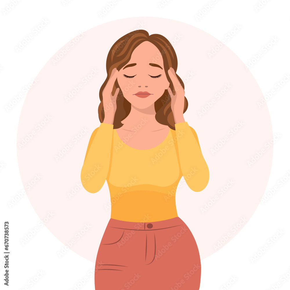 Beautiful woman with a headache, migraine. The concept of medicine and healthcare. Flat illustration, vector Beautiful woman with a headache, migraine. The concept of medicine and healthcare. Flat illustration, vector