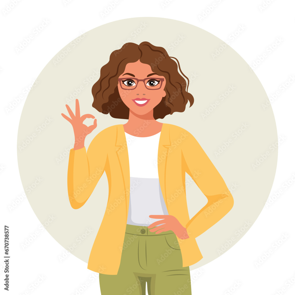 Woman with joyful expression shows hand ok, gesture. The concept of human emotions. Flat style illustration, vector Woman with joyful expression shows hand ok, gesture. The concept of human emotions. Flat style illustration, vector