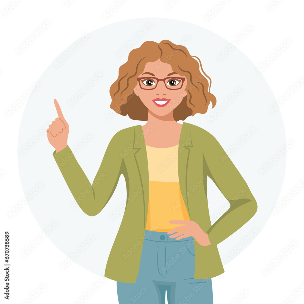 A woman with a joyful expression raised her finger up, a gesture. The concept of human emotions. Flat style illustration, vector A woman with a joyful expression raised her finger up, a gesture. The concept of human emotions. Flat style illustration, vector