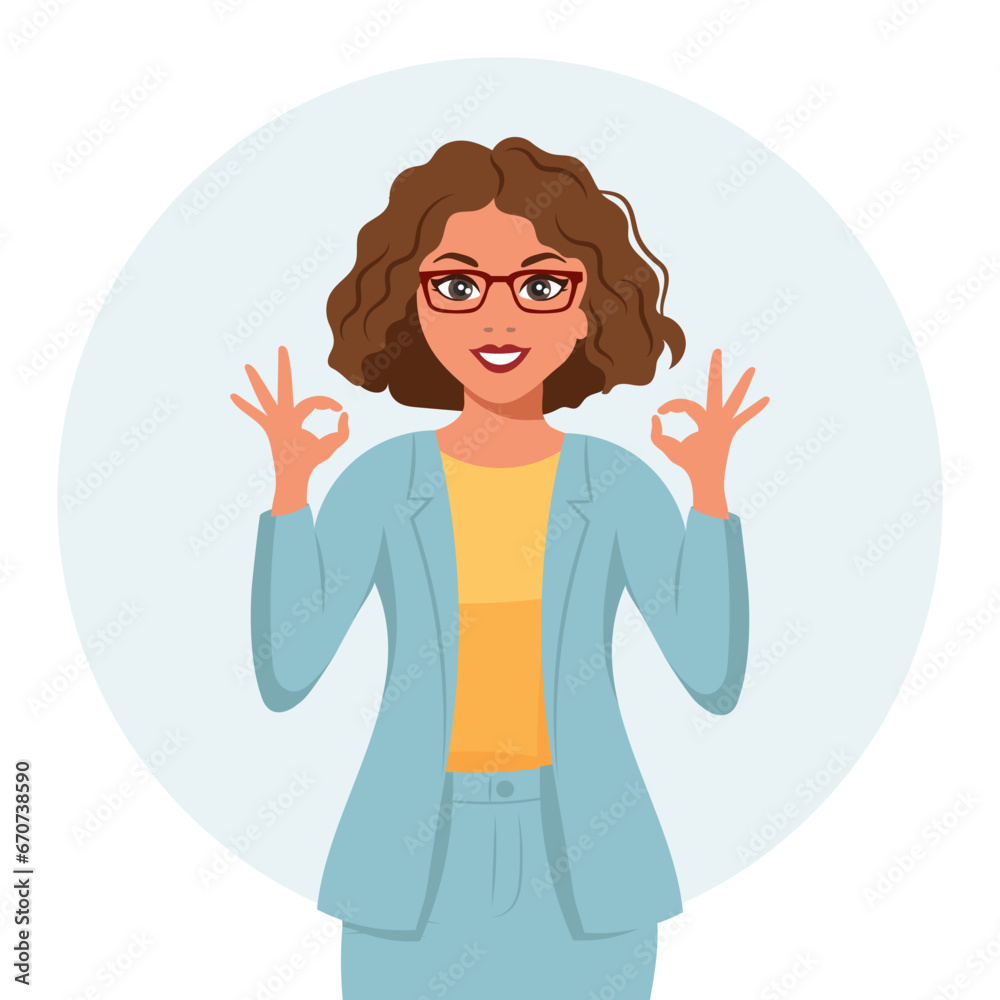 Woman with joyful expression shows hand ok, gesture. The concept of human emotions. Flat style illustration, vector