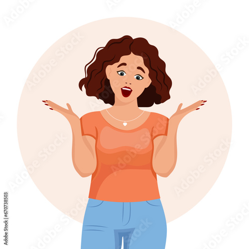 A woman raised her hands with a surprised expression. Emotions and gestures. Flat style illustration, vector