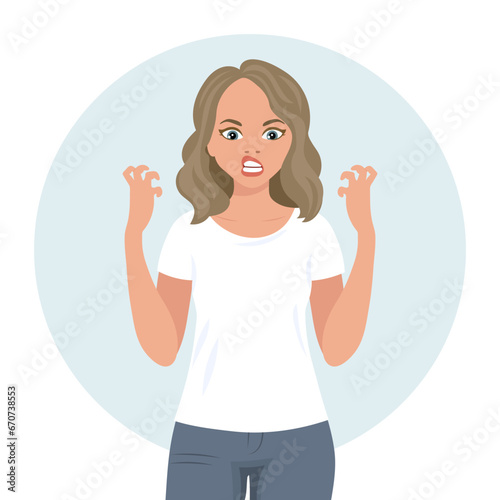 Aggressive woman with angry expression gesturing with her hands. Human emotions. Flat style illustration, vector