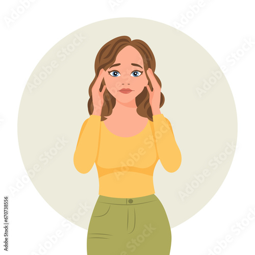 Beautiful woman with a headache, migraine. The concept of medicine and healthcare. Flat illustration, vector