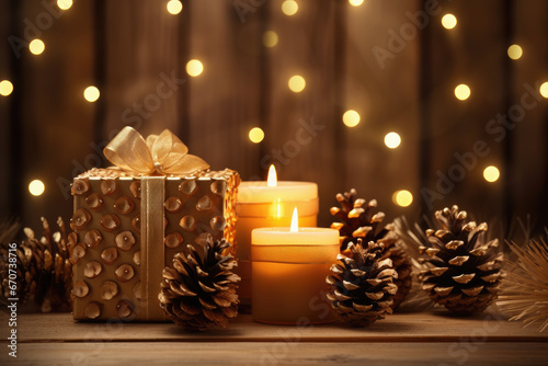 caja de regalo con lazo dorado junto velas encendidas y piñas decorativas sobre fondo gris desenfocado photo