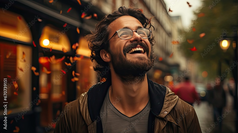 Fototapeta premium Smiling bearded young male model rejoices coming weekends, dressed casually, over background. Positive pleased student being in good mood after successfully passed exams at college. Generative AI art