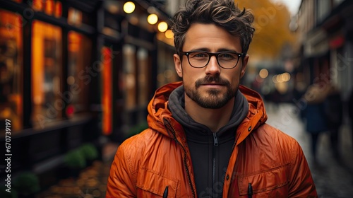 Handsome man in spectacles, portrait. Man portrait illustration. Generative AI © tanyastock