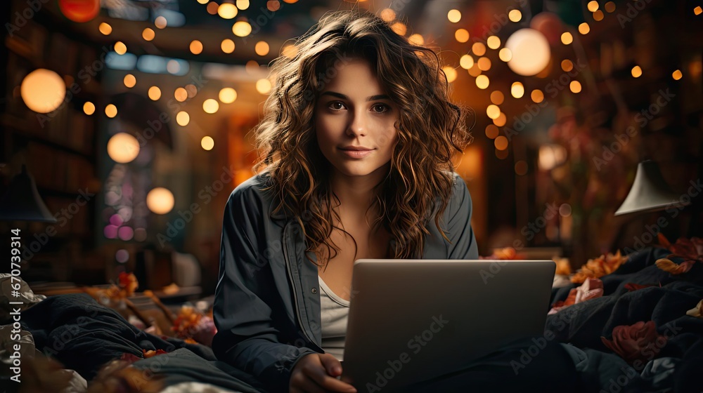 Image of young beautiful joyful woman smiling while working with laptop in office. Smile emotion illustration. Generative AI Image of young beautiful joyful woman smiling while working with laptop in office. Smile emotion illustration. Generative AI