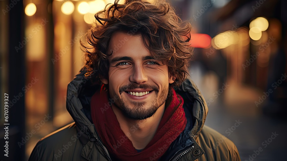 Closeup of happy smiling guy looking at camera on background. Man face portrait illustration. Generative AI - obrazy, fototapety, plakaty 