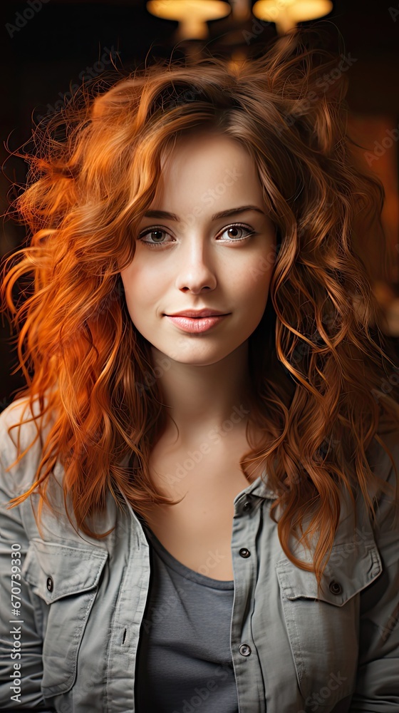 Fototapeta premium Headshot of happy girl smiling looking at camera posing with loose hair wearing casual clothes over background. People portrait illustration. Generative AI