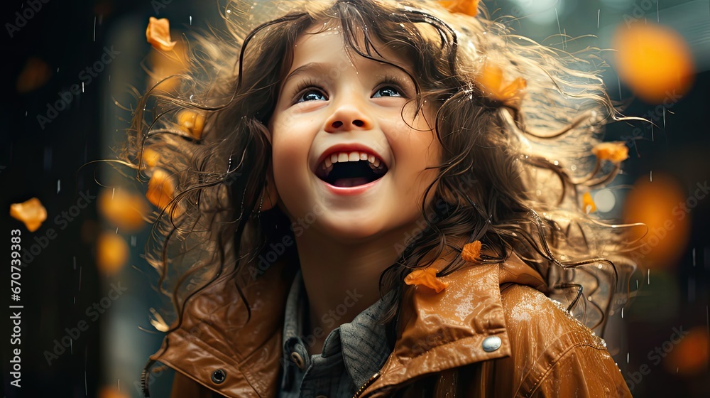 Happy asian little child girl having fun to play with the rain in the evening sunlight in vintage color tone. People portrait illustration. Generative AI Happy asian little child girl having fun to play with the rain in the evening sunlight in vintage color tone. People portrait illustration. Generative AI