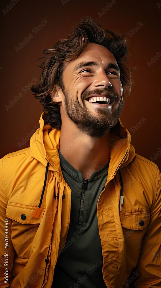 Obraz premium Man laughing in orange studio, close up. Smile emotion illustration. Generative AI