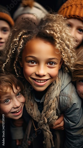 Closeup face of happy multiethnic children embracing each other and smiling at camera. Team of smiling kids embracing together in a circle. People portrait illustration. Generative AI