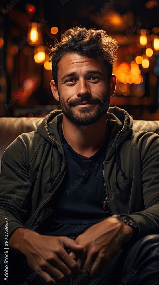 Portrait of happy mid adult man sitting on sofa at home. Handsome latin man in casual relaxing on couch and smiling. Cheerful guy looking at camera. Generative AI art Portrait of happy mid adult man sitting on sofa at home. Handsome latin man in casual relaxing on couch and smiling. Cheerful guy looking at camera. Generative AI art