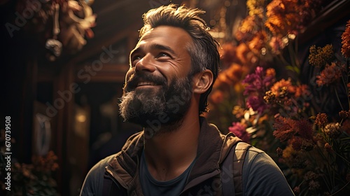 Handsome hispanic man with beard smiling happy outdoors. Man portrait illustration. Generative AI