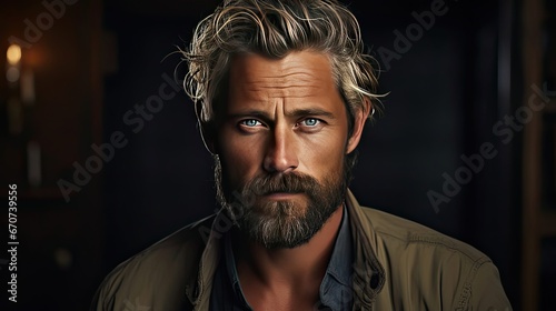 Portrait of beautiful mature blonde bearded guy with trendy hairdo in casual grey shirt smiling and looking in camera. Model portrait illustration. Generative AI