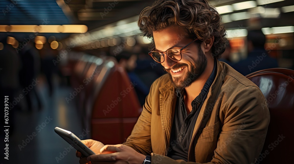 Smiling young middle eastern man with digital tablet in hands posing at airport terminal. Successful millennial arab businessman using tab computer while waiting for flight boarding. Generative AI art Smiling young middle eastern man with digital tablet in hands posing at airport terminal. Successful millennial arab businessman using tab computer while waiting for flight boarding. Generative AI art