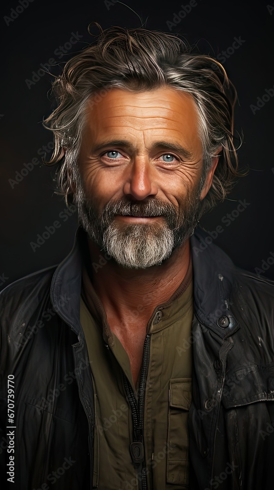 Portrait of smiling mature man standing on background. Model portrait illustration. Generative AI