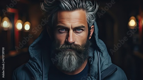 Isolated shot of young handsome male with beard, mustache and trendy hairdo, wears casual grey sweater, has serious expression as listens to interlocutor. Man portrait illustration. Generative AI