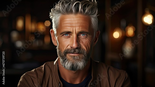 Confident hoary middle aged handsome man looking at camera, holding business talk with clients partners online. Man face portrait illustration. Generative AI art