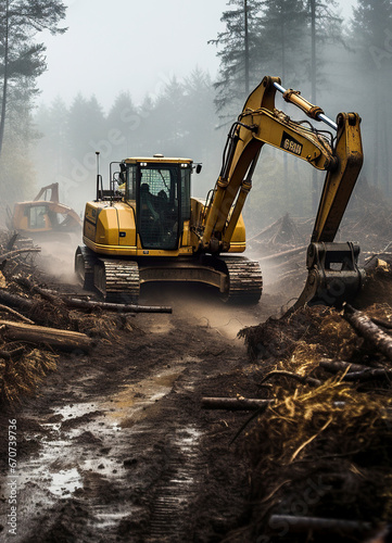 Huge construction equipment felling forest.