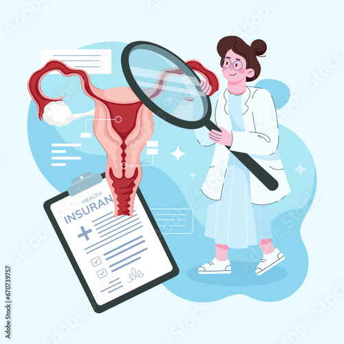 Gynecological examination for women. A gynecologist consults a patient about fallopian tube ovarian diseases. Research of the female reproductive system treatment and therapy. Vector illustration