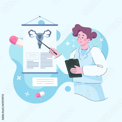 Gynecological examination for women. A gynecologist consults a patient about fallopian tube ovarian diseases. Research of the female reproductive system treatment and therapy. Vector illustration
