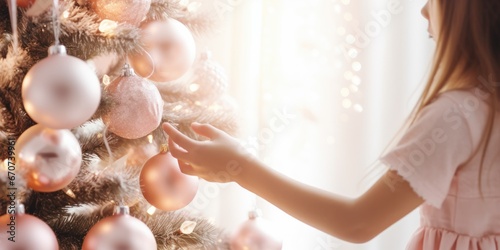 little girl decorating christmas tree with lots of ornaments,