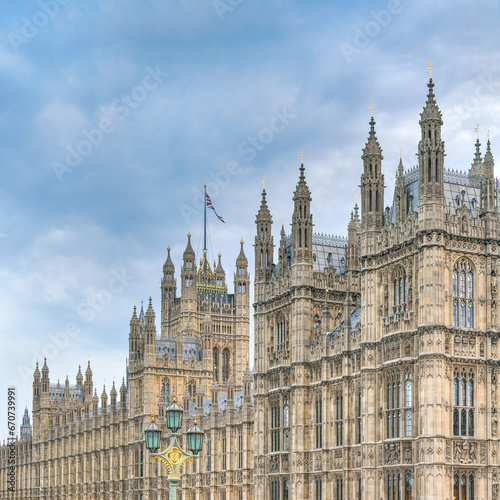 Houses of Parliament in London as seen from main street near Cromwell Green