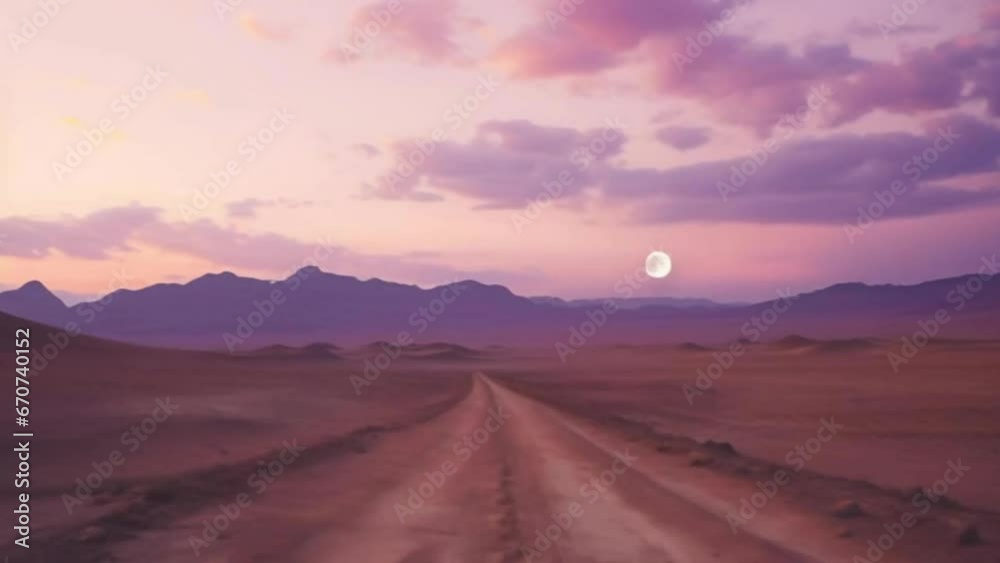 Desert Dawn: Dirt Road Path, Mountain Landscape, Setting Moon Desert Dawn: Dirt Road Path, Mountain Landscape, Setting Moon