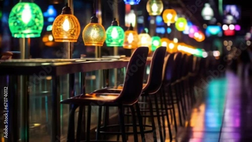 City Nightlife: Outdoor Restaurant Seating, Table Illuminated by Multicolored Lights