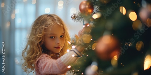 little girl decorating christmas tree with lots of ornaments,