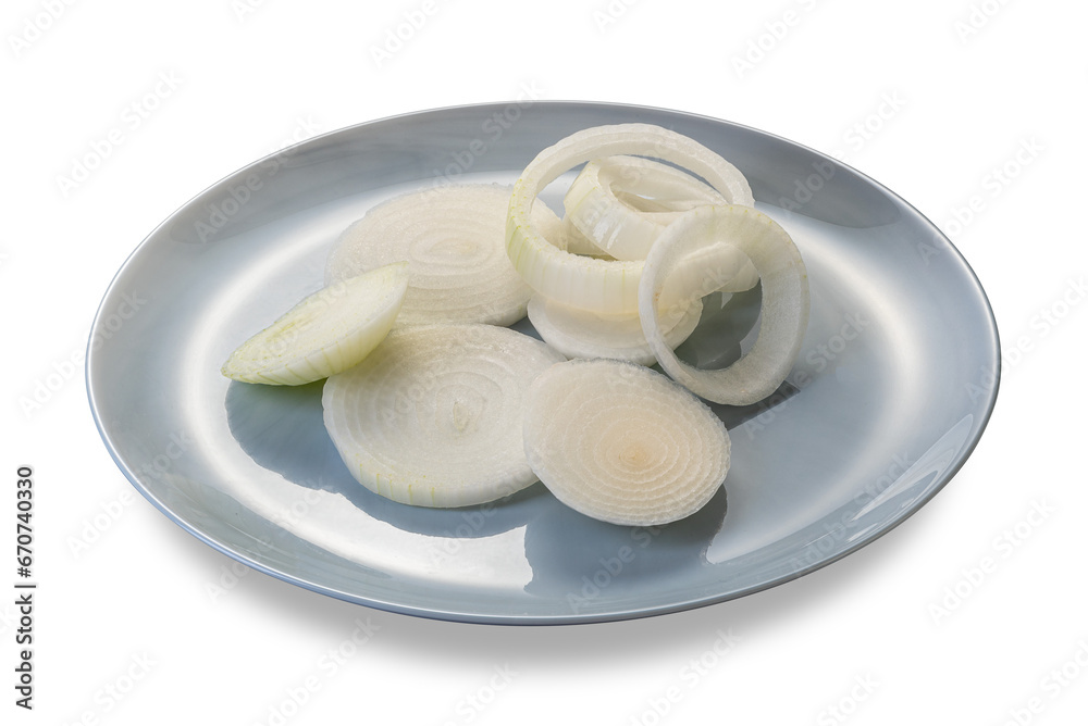Onion ring slices in gray plate isolated