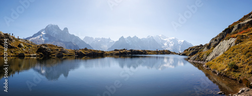 mountain lake Lac Blanc in Chamonix with mountains of the Mont Blanc Massiv in the distance