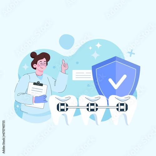Teeth whitening and professional cleaning procedures. Braces. Aesthetic dentistry dental aesthetic clinic. Vector illustration in flat style
