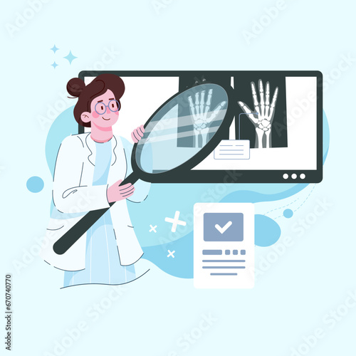 A pulmonologist in uniform looks at an x-ray image of a man's hands. Pulmonary examination material analysis of medical fluorography results. Vector illustration