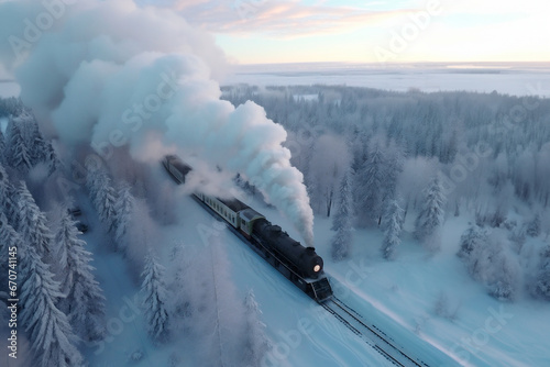 Top view of vintage holiday train traveling through a snowy landscape among forests and mountains.
